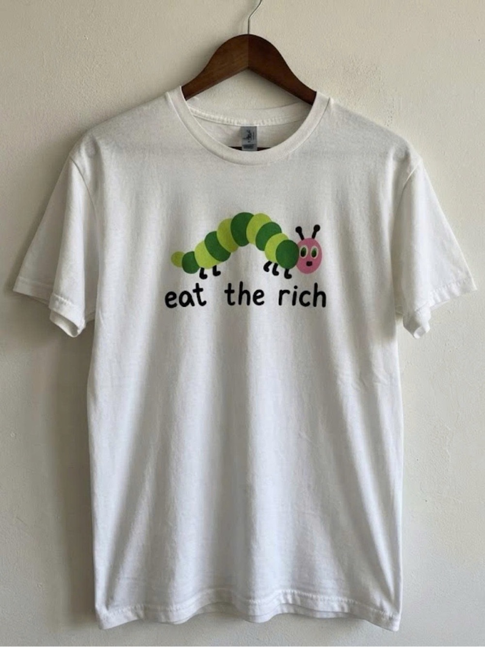 Gildan White Graphic Tee with Green & Pink Caterpillar | Unisex Shirt